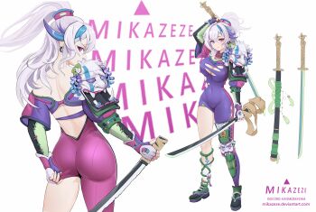 1girl absurdres adjusting_clothes artist_name ass back bodysuit breasts cleavage covered_navel deviantart_username discord_username fingerless_gloves full_body gloves high_ponytail highres holding holding_sword holding_weapon katana large_breasts long_hair looking_at_viewer looking_back making-of_available md5_mismatch mikazeze multicolored_bodysuit multicolored_hair multiple_views original patchwork_clothes pink_eyes ponytail resolution_mismatch sheath single_shoulder_pad source_smaller sword torn_bodysuit torn_clothes weapon white_hair