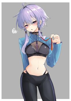 1girl absurdres ahoge arm_behind_back black_bra black_leggings black_panties blue_shrug blush border bra breasts cleavage commentary_request cowboy_shot grey_background hair_between_eyes half-closed_eyes hand_up high_collar highleg highleg_panties highres leggings long_hair long_sleeves looking_at_viewer medium_breasts midriff navel panties pants parted_lips purple_eyes purple_hair see-through_clothes short_hair_with_long_locks shrug_(clothing) sidelocks simple_background solo standing stomach sweatdrop underwear vocaloid voiceroid white_border yuzuki_yukari zooanime