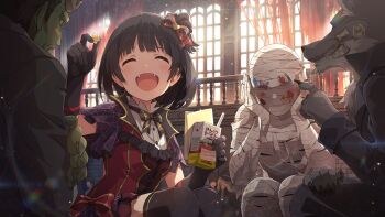 1girl 3boys :d bow bowtie closed_eyes commentary_request day dress drink_carton fangs frankenstein's_monster furry furry_male game_cg hands_on_own_cheeks hands_on_own_face holding holding_juice_box holding_sticker idolmaster idolmaster_million_live! idolmaster_million_live!_theater_days indoors juice_box multiple_boys mummy nakatani_iku official_art one_side_up open_mouth red_dress short_hair sitting smile star_(symbol) star_sticker sticker third-party_source vampire_costume werewolf wolf_boy