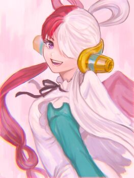 1girl arisue_kanako chromatic_aberration commentary dress elbow_gloves gloves hair_over_one_eye multicolored_hair neck_ribbon one_piece one_piece_film:_red open_mouth pink_wings purple_eyes red_hair ribbon single_elbow_glove smile solo twintails two-tone_hair uta_(one_piece) white_dress white_hair wings
