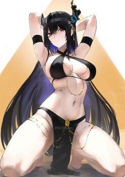 1girl absurdres alternate_costume armpits arms_up asymmetrical_horns black_hair blue_hair blush breasts colored_inner_hair dancer demon_horns flower harem_outfit highres hololive hololive_english horn_flower horns jewelry kneeling large_breasts long_hair looking_at_viewer mole mole_under_eye multicolored_hair navel nerissa_ravencroft pelvic_curtain presenting_armpit red_eyes reon_(98109reon) shiny_skin solo stomach thighs two-tone_hair uneven_horns very_long_hair virtual_youtuber yomorio_lingerie