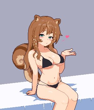 1girl animal_ears ayunda_risu bikini black_bikini blush boherapcity breasts brown_hair green_eyes heart hololive hololive_indonesia long_hair looking_at_viewer pixel_art solo squirrel_ears squirrel_girl squirrel_tail string_bikini swimsuit tail virtual_youtuber