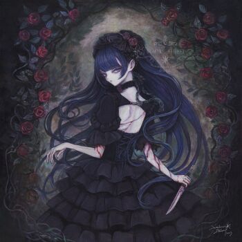 Rule 34 | 1girl, acrylic paint (medium), album cover, back, back cutout, backless dress, backless outfit, black choker, black dress, bleeding, blood, blue eyes, blue hair, bonnet, choker, clothing cutout, commentary request, cover, cuts, dress, flower, gothic lolita, highres, holding, holding knife, injury, knife, lolita fashion, long hair, looking at viewer, looking back, original, painting (medium), pale skin, plant, red flower, red rose, rose, shoulder blades, solo, sumire shisei, textless version, traditional media, very long hair, vines