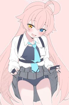 1girl absurdres ahoge black_gloves blue_archive blue_eyes clothes_lift commentary_request competition_school_swimsuit fingerless_gloves gloves halo heterochromia highres hoshino_(blue_archive) lifting_own_clothes long_hair mistel_(sukebemistel) necktie one-piece_swimsuit pink_background pink_hair school_swimsuit shirt skirt skirt_lift solo swimsuit swimsuit_under_clothes white_shirt