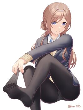 1girl absurdres black_pantyhose blazer blue_eyes blue_jacket blush brown_hair closed_mouth clothes_pull commentary_request gakuen_idolmaster hair_bun hatsuboshi_gakuen_school_uniform highres himesaki_rinami idolmaster jacket kumapako long_hair panties panties_under_pantyhose pantyhose pantyhose_pull school_uniform shirt side_up_bun simple_background single_side_bun sitting solo sweater twitter_username underwear white_background white_shirt yellow_sweater