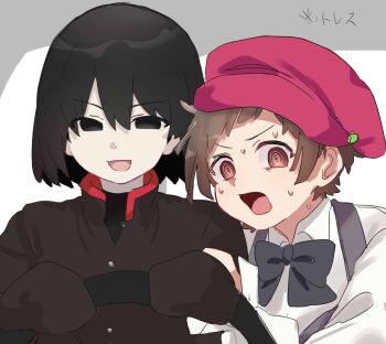 2girls @_@ absurdres black_bow black_bowtie black_eyes black_hair bow bowtie brown_hair commentary driving frown gakuran hat highres looking_at_viewer meme monogatari_(series) multiple_girls nademonogatari nervous nervous_sweating newsboy_cap open_mouth oshino_ougi pink_hat power_crashes_kobeni&#039;s_car_(meme) scared scene_reference school_uniform sengoku_nadeko sengoku_nadeko_(mangaka) short_hair simple_background smile sweat translated tsugumi_(tgm_615486) upper_body white_background
