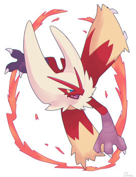 1other absurdres blaziken blue_eyes chromatic_aberration claws commentary_request full_body furry gen_3_pokemon highres kicking nintendo open_mouth ouran pokemon pokemon_(creature) simple_background solo white_background