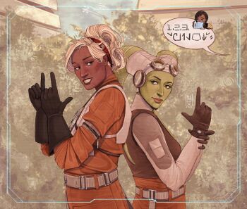 2girls alien aurebesh back-to-back bloodbroox brown_gloves colored_skin dark-skinned_female dark_skin finger_gun gloves green_skin hera_syndulla highres jumpsuit lekku_(anatomy) multiple_girls orange_jumpsuit speech_bubble star_wars star_wars:_the_bad_batch twi&#039;lek upper_body white_hair