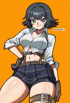 Rule 34 | 1girl, absurdres, artist name, bike shorts, black hair, brown gloves, devil may cry, devil may cry (series), devil may cry 3, gloves, green eyes, hand on own hip, heterochromia, highres, jewelry, komatsuki n, lady (devil may cry), looking at viewer, midriff, necklace, orange background, red eyes, simple background, smirk, thigh strap
