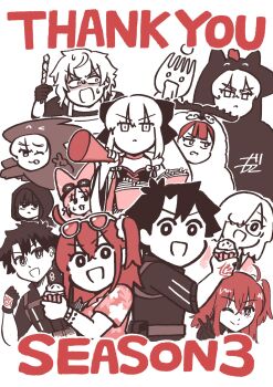 :p ahoge animal_costume baobhan_sith_(fate) barghest_(fate) book cernunnos_(fate) command_spell commentary_request cupcake dual_persona eyewear_on_head fate/grand_order fate_(series) food frown fujimaru_ritsuka_(female) fujimaru_ritsuka_(female)_(polar_chaldea_uniform) fujimaru_ritsuka_(female)_(tropical_summer) fujimaru_ritsuka_(male) fujimaru_ritsuka_(male)_(polar_chaldea_uniform) fujimaru_ritsuka_wa_wakaranai grail-kun habetrot_(fate) hair_ornament hair_scrunchie highres holding holding_instrument hood hoodie horn_(instrument) instrument kadoc_zemlupus limited_palette long_hair mash_kyrielight melusine_(fate) morgan_le_fay_(fate) oberon_(fate) oberon_(moody_summer_oberon)_(fate) oberon_(third_ascension)_(fate) one_eye_closed one_side_up open_book open_mouth scrunchie serious sleeves_rolled_up smile sunglasses sweatdrop thank_you tongue tongue_out tsuchida v v-shaped_eyebrows very_long_hair