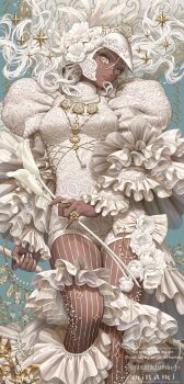 1girl absurdly_detailed_composition argyle_background body_markings bodysuit breasts dark-skinned_female dark_skin fingernails floral_print flower frilled_sleeves frills gem helmet highres holding holding_flower jewelry lips long_hair long_sleeves looking_at_viewer minami_(minami373916) multiple_rings nail_polish necklace original ornate ornate_clothes ornate_ring pearl_(gemstone) pearl_necklace ribbon ring shadow solo star-shaped_pupils star_(symbol) symbol-shaped_pupils white_bodysuit white_flower white_nails white_ribbon yellow_eyes