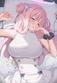 1girl angel_wings blue_archive blush breasts buttons commentary_request double-breasted dress hair_bun hair_ribbon halo hand_to_own_mouth head_on_pillow large_breasts long_hair looking_at_viewer low_wings lying maosame mika_(blue_archive) on_back on_bed pillow pink_hair purple_halo revision ribbon single_hair_bun sleeveless sleeveless_dress solo sweat white_dress white_ribbon white_wings wings yellow_eyes