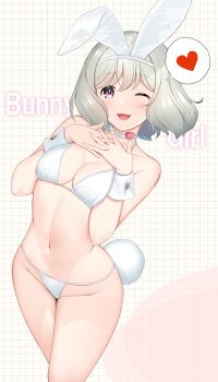 1girl animal_ear_hairband animal_ears bikini blush breasts choker commentary_request english_text fake_animal_ears fake_tail feet_out_of_frame grey_hair hairband hands_on_own_chest hataraki_kuma heart highres interlocked_fingers large_breasts looking_at_viewer mole mole_under_eye navel one_eye_closed open_mouth original own_hands_together purple_eyes rabbit_ear_hairband rabbit_ears rabbit_tail short_hair smile solo spoken_heart standing stomach string_bikini swimsuit tail text_background white_bikini white_choker white_wrist_cuffs wrist_cuffs