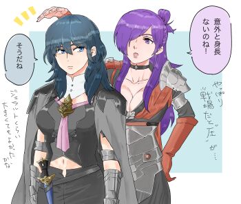 2girls artist_request asymmetrical_clothes breasts cleavage closed_mouth collar female_byleth_(fire_emblem) female_shez_(fire_emblem) fire_emblem fire_emblem:_three_houses fire_emblem_warriors:_three_hopes gloves hair_bun hair_over_one_eye hand_up height_comparison highres knife large_breasts long_hair looking_to_the_side medium_hair multiple_girls nintendo open_mouth purple_eyes purple_hair red_gloves single_glove single_hair_bun translation_request