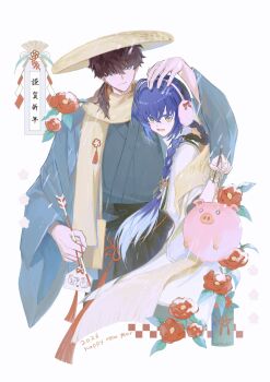 1boy 1other 2026 androgynous blue_eyes blue_hair bracelet braid braided_ponytail brown_hair earmuffs fate/grand_order fate/samurai_remnant fate_(series) flower hair_ornament hakama happy_new_year hat highres japanese_clothes jewelry katana kimono miyamoto_iori_(fate) multicolored_hair natsukiki new_year orange_eyes pig ponytail sidelocks single_braid smile snowing straw_hat sword two-tone_hair weapon white_hair yamato_takeru_(fate)