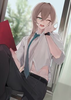 1boy absurdres belt black_belt black_pants brown_hair fang green_eyes hair_between_eyes highres long_hair male_focus navel necktie one_eye_closed open_mouth original pants school_uniform shirt short_sleeves shun_en skin_fang solo stomach trap watch white_shirt wiping wristwatch zurui_ninjin
