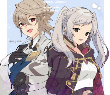 1boy 1girl armor black_gloves breasts brown_eyes cape female_robin_(fire_emblem) fire_emblem fire_emblem_awakening fire_emblem_fates gloves grey_hair hair_between_eyes highres hood hooded_robe kiriya_(552260) long_hair male_corrin_(fire_emblem) medium_breasts nintendo open_clothes open_mouth open_robe pointy_ears red_eyes robe shirt short_hair smile twintails upper_body white_hair white_shirt