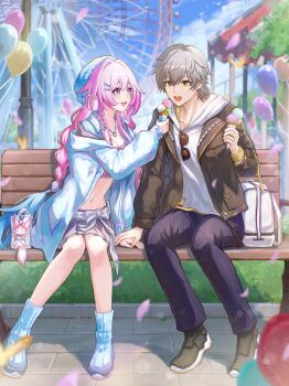 Rule 34 | 1boy, 1girl, :d, absurdres, bag charm, balloon, black jacket, black pants, blue hair, blue hat, blue jacket, blue sky, braid, breasts, caelus (honkai: star rail), caelus (world tour 2023) (honkai: star rail), charm (object), commission, cyrene (demiurge) (honkai: star rail), cyrene (honkai: star rail), cyrene (nylon japan) (honkai: star rail), dating, day, diamond-shaped pupils, diamond (shape), eyewear hang, falling petals, ferris wheel, food, gradient hair, grey hair, grey skirt, hand on another's hand, hat, heart, highres, holding, holding food, holding ice cream, honkai: star rail, honkai (series), hood, hoodie, ice cream, isome, jacket, medium breasts, mem (honkai: star rail), multicolored hair, multiple scoops, navel, official alternate costume, on bench, open mouth, outdoors, pants, petals, pink hair, pink petals, pixiv commission, pointy ears, purple eyes, sitting, skirt, sky, smile, stomach, sunglasses, symbol-shaped pupils, trailblazer (honkai: star rail), unworn eyewear, white bag, white hoodie, yellow eyes