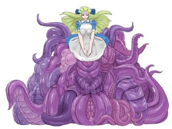 1girl apron black_alice_(mon-musu_quest!) black_alice_(second_form) blue_dress blue_ribbon breasts closed_mouth dress eldritch_abomination extra_breasts floating_hair frilled_apron frills game_cg green_hair hair_ribbon hime_cut large_breasts light_smile long_hair mon-musu_quest! mon-musu_quest:_paradox monster_girl nose partially_shaded_face puffy_short_sleeves puffy_sleeves red_eyes ribbon scylla setouchi_(blackse) short_sleeves tentacles variant_set