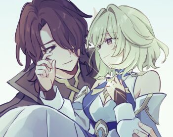 1boy 1girl bare_shoulders black_eyes black_sleeves blonde_hair blue_collar blue_dress breasts brown_eyes brown_hair cleavage cleavage_cutout closed_mouth clothing_cutout coat collar collared_dress couple curtained_hair detached_sleeves dress genshin_impact glint grey_coat hair_intakes hair_over_one_eye hand_on_another&#039;s_arm hetero high_collar large_breasts layered_dress layered_sleeves light_blush looking_at_another mandarin_collar rerir_(genshin_impact) shirase_(shirose) smile tearing_up tears tholindis_(genshin_impact) tsurime white_background white_dress white_sleeves wiping_tears