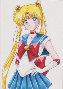 1girl absurdres bishoujo_senshi_sailor_moon blonde_hair blue_eyes blue_sailor_collar bow chikoto_(kztc4472) choker collarbone commentary double_bun earrings elbow_gloves gloves hair_bun hair_ornament highres jewelry long_hair looking_at_viewer red_choker sailor_collar sailor_moon sailor_senshi_uniform simple_background skirt smile solo star_(symbol) star_earrings transformation_brooch_(sailor_moon) tsukino_usagi twintails white_background white_gloves