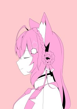 Rule 34 | 1girl, absurdres, ahoge, animal ear fluff, animal ears, black choker, braid, braided bun, chemical structure, choker, closed eyes, commentary request, from side, hair bun, hakui koyori, hakui koyori (1st costume), hexagon hair ornament, highres, hololive, lab coat, long hair, necktie, pink hair, pink necktie, portrait, shiruru1999, smile, solo, textless version, virtual youtuber, wolf ears, wolf girl