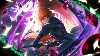 Rule 34 | 1girl, 1other, 4others, black pants, card, freckles, game cg, glint, highres, holding, holding sword, holding weapon, ishmael (project moon), jeong's office (identity) (project moon), katana, library of ruina, limbus company, multiple others, nai ga, navel, official art, pants, project moon, purple rope, rope, sheath, solo focus, sword, unsheathing, weapon