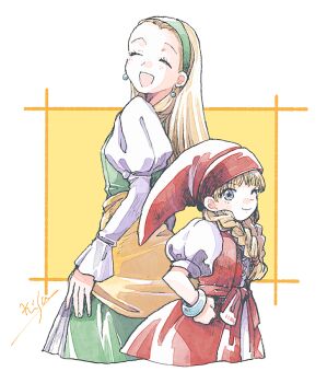 2girls artist_name back-to-back bangle blonde_hair blue_eyes border bracelet braid breasts child closed_eyes cow cropped_legs dragon_quest dragon_quest_xi dress earrings green_dress green_hairband hair_over_shoulder hairband hand_on_own_hip hat jewelry juliet_sleeves long_hair long_sleeves medium_breasts michibata_65 multiple_girls one_eye_closed open_mouth orange_background phrygian_cap puffy_short_sleeves puffy_sleeves red_dress red_hat senya_(dq11) short_sleeves smile straight_hair twin_braids veronica_(dq11) white_border white_dress