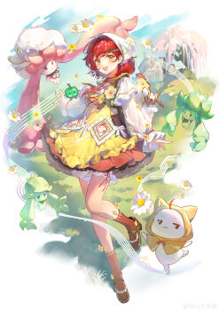 1girl absurdres ahoge animal ankle_socks apple_hair_ornament apron basket bird bloomers blue_sky border bow bowtie brooch brown_dress brown_shoes brown_socks cat character_hair_ornament chicken chinese_commentary cloak clothed_animal commentary_request dancing day dress ear_covers egg floating_clothes floating_hair floral_print flower flower_brooch food-themed_creature food-themed_hair_ornament frilled_apron frilled_sleeves frills full_body grass hair_ornament hairclip happy headscarf high_heels highres hood hood_up hooded_cloak house infinity_nikki jewelry junimo lace-trimmed_headwear lace_trim layered_sleeves light_blush long_sleeves mary_janes momo_(nikki) musical_staff nikki_(nikki) nikki_(series) open_mouth outdoors outside_border petticoat pinafore_dress pixel_art_inset posy_(infinity_nikki) print_apron print_headwear puffy_long_sleeves puffy_sleeves pumps red_bow red_bowtie red_hair red_ribbon ribbon ribbon-trimmed_bloomers ribbon_legwear ribbon_trim see-through_clothes see-through_sleeves shadow shanwenyufan shirt shoes short_dress short_hair short_over_long_sleeves short_sleeves sky sleeveless sleeveless_dress sleeves_past_wrists smile socks star_(symbol) stardew_valley stardew_valley_encounter_(infinity_nikki) teeth tree underwear upper_teeth_only watermark weibo_watermark white_bloomers white_border white_cat white_headscarf white_shirt wisteria yardling_(infinity_nikki) yellow_apron yellow_cloak yellow_flower