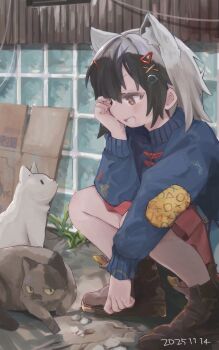 1girl alternate_costume animal_ears black_hair blue_sweater blush boots brown_boots brown_eyes casual cat common_raccoon_(kemono_friends) elbow_pads extra_ears fang grey_hair hair_between_eyes hair_ornament hairclip highres kemono_friends long_sleeves multicolored_hair nanana_(nanana_iz) open_mouth raccoon_ears raccoon_girl raccoon_tail red_skirt sidelocks skirt solo squatting sweater tail turtleneck turtleneck_sweater