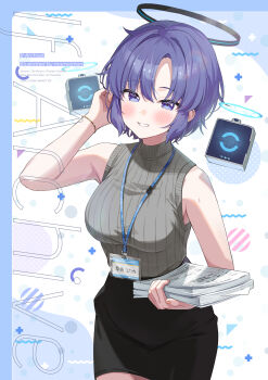 1girl absurdres alternate_costume alternate_hair_length alternate_hairstyle bare_shoulders black_halo black_skirt blue_archive blue_eyes blue_hair blush bracelet brown_sweater commentary_request drone halo highres holding holding_paper jewelry lanyard looking_at_viewer mechanical_halo miniskirt momomoi_momoi open_mouth paper paper_stack pencil_skirt short_hair skirt sleeveless sleeveless_sweater solo sweater yuuka_(blue_archive)