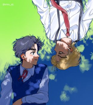 Rule 34 | 2boys, blonde hair, blue eyes, blue hair, brown eyes, collared shirt, dio brando, eye contact, grass, hand on own stomach, highres, jojo no kimyou na bouken, jonathan joestar, long sleeves, looking at another, lying, male focus, multiple boys, neck ribbon, necktie, on back, on grass, on ground, open mouth, outdoors, phantom blood, profile, ribbon, rotational symmetry, shadow, shira jdj, shirt, short sleeves, smile, suspenders, sweater vest, twitter username