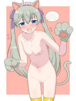 1girl absurdres animal_ears animal_hands assault_lily blue_eyes blush border breasts cat_ears cat_paws cat_tail cleft_of_venus collarbone commentary_request cowboy_shot fake_animal_ears fake_tail flying_sweatdrops gloves grey_hair groin hair_ribbon hands_up highres kanabako_misora long_hair looking_at_viewer maid_headdress navel nervous_smile nipples nose_blush nude official_alternate_hairstyle open_mouth outside_border paw_gloves purple_ribbon puru_(pru_azucena) pussy raised_eyebrows red_background ribbon simple_background small_breasts smile solo speech_bubble spoken_blush standing stomach sweatdrop tail twintails white_border