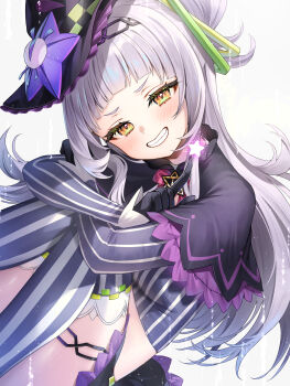 1girl :d absurdres arched_bangs arms_on_knees black_capelet black_gloves black_hat black_shoes black_skirt blush bow bowtie capelet commentary_request cone_hair_bun cropped_jacket crossed_arms gloves grey_hair grey_jacket grey_thighhighs grin hair_bun hairband hat head_tilt hexagram_hair_ornament highres hololive index_finger_raised jacket jewelry knees_to_chest loafers long_hair long_sleeves looking_at_viewer magic microskirt midriff murasaki_shion murasaki_shion_(1st_costume) open_mouth pentagram pink_bow pink_bowtie pinstripe_jacket pinstripe_pattern purple_capelet runlan_0329 shoes short_eyebrows side_up_bun sidelocks simple_background single_side_bun sitting skirt smile solo striped_clothes striped_thighhighs thighhighs thighlet vertical-striped_clothes vertical-striped_thighhighs virtual_youtuber white_background witch_hat yellow_eyes