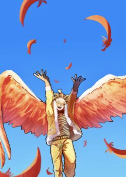 1boy arms_up bayg_hkos belt black_gloves blonde_hair blue_sky boku_no_hero_academia commentary_request facial_hair falling_feathers feathered_wings feathers feet_out_of_frame floating_hair fur-trimmed_jacket fur-trimmed_sleeves fur_trim gloves goatee hawks_(boku_no_hero_academia) highres jacket male_focus open_mouth orange_wings pants patterned_clothing shirt short_hair sky smile solo superhero_costume teeth tinted_eyewear upper_teeth_only white_fur wings yellow-tinted_eyewear yellow_belt yellow_pants