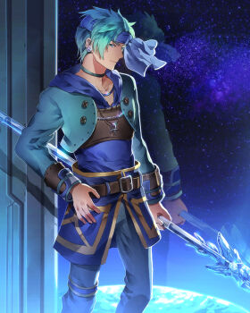 Rule 34 | 1boy, blue eyes, green hair, holding, holding polearm, holding weapon, hoshi wo miru hito, male focus, night, night sky, polearm, shiba (hoshi wo miru hito), short hair, sky, smile, solo, spear, stargazer (series), sunakumo, weapon, window