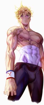 1boy bara blonde_hair bulge compression_shorts dreadful_alibi highres muscular muscular_male non-web_source purple_eyes shredded_muscles undercut veins