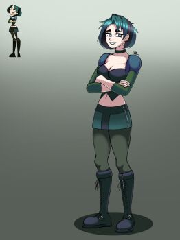 1girl aqua_hair blue_eyes boots breasts cartoon_network crossed_arms full_body gradient_background gwen_(total_drama) highres large_breasts leggings lips navel photoshop_(medium) reference signature skd skirt smile total_drama