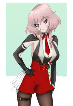 Rule 34 | 1girl, armpit peek, azur lane, black gloves, black jacket, border, braid, breasts, character request, closed mouth, cropped jacket, elbow gloves, gallaxi, gloves, green background, hand on own hip, high waist shorts, italian flag, jacket, looking at viewer, medium breasts, medium hair, necktie, pantyhose, pink hair, red eyes, red necktie, red shorts, shirt, shorts, side braid, sleeveless, sleeveless shirt, solo, thigh strap, white border, white shirt