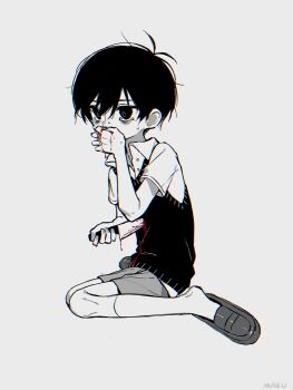 1boy antenna_hair collared_shirt covering_own_mouth double-parted_bangs full_body greyscale hair_between_eyes highres loafers makucrp male_focus monochrome omori shirt shoes short_hair short_sleeves shorts simple_background socks solo spot_color stab suicide sunny_(omori) sweater_vest