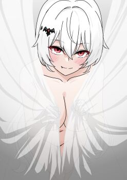 1girl absurdres bat_hair_ornament bikeibikei blush breasts closed_mouth collarbone commentary_request completely_nude curtains fang hair_between_eyes hair_ornament highres honkai_(series) honkai_impact_3rd korean_commentary large_breasts long_hair looking_at_viewer luna_(honkai_impact) navel nude red_eyes smile solo stomach very_long_hair white_hair