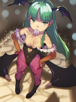 1girl artist_name black_leotard breasts bridal_gauntlets candy darkstalkers demon_wings food green_eyes green_hair head_wings highres leotard lollipop lollipop_in_mouth long_hair looking_at_viewer morrigan_aensland small_breasts solo soon_(c-u-soon) strapless strapless_leotard waiting wings