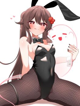 1girl absurdres alternate_costume animal_ears black_leotard black_nails blush boo_tao_(genshin_impact) breasts brown_hair commentary_request detached_collar fake_animal_ears flower flower-shaped_pupils genshin_impact hair_flower hair_ornament heart highleg highleg_leotard highres hu_tao_(genshin_impact) leotard licking_lips long_hair looking_at_viewer pia_(botamochinjufu) playboy_bunny red_eyes red_flower small_breasts smile spread_legs straddling strapless strapless_leotard symbol-shaped_pupils tongue tongue_out twintails very_long_hair white_background