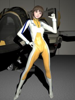 1girl 3d asian bodysuit boots brown_eyes brown_hair choujikuu_yousai_macross commentary_request gloves hangar highres lips looking_at_viewer macross missile_pod original pilot_suit pit1208 pointing pointing_at_another realistic science_fiction spacecraft spacesuit starfighter variable_fighter