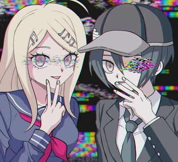 1990s_(style) 1boy 1girl ahoge akamatsu_kaede baseball_cap black_hair black_jacket blonde_hair blue_necktie blue_shirt brown_eyes chromatic_aberration collared_shirt danganronpa_(series) danganronpa_v3:_killing_harmony digital_dissolve eyelashes fortissimo glitch hair_ornament hand_up hat jacket long_hair long_sleeves looking_at_viewer musical_note musical_note_hair_ornament necktie open_mouth purple_eyes retro_artstyle ringed_eyes saihara_shuichi sailor_collar school_uniform shirt shju0101 short_hair smile static upper_body v v_over_mouth white_shirt