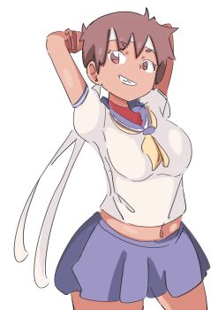 Rule 34 | 1girl, arms behind head, breasts, brown eyes, brown hair, capcom, dark-skinned female, dark skin, fingerless gloves, gloves, grin, headband, highres, kasugano sakura, large breasts, legs, looking at viewer, marvel super heroes vs. street fighter, marvel vs. capcom, marvel vs. capcom 2, midriff, navel, school uniform, short hair, skirt, smile, solo, street fighter, thighs, vatsha