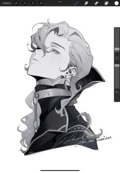 1boy art_program_in_frame closed_mouth coat commentary commission cropped_shoulders ear_piercing earrings feather_earrings feathers from_side greyscale highres jewelry long_hair looking_up male_focus monochrome original piercing siiar_(lvlcmxcix) simple_background solo white_background