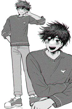 1boy antenna_hair arm_behind_head arm_up blush bright_pupils bu3hgg closed_eyes closed_mouth dark-skinned_male dark_skin double-parted_bangs ear_piercing full_body greyscale hair_between_eyes hero_(faraway)_(omori) hero_(omori) highres long_sleeves looking_at_viewer male_focus monochrome omori open_mouth pants piercing shoes short_hair simple_background sneakers socks solo sweater teeth