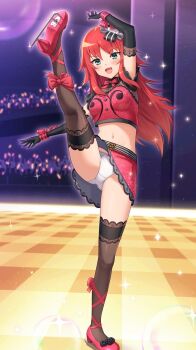 1girl ankle_bow ankle_ribbon black_gloves black_thighhighs bow crop_top elbow_gloves gloves green_eyes highres idol_clothes kamuchin_soda leg_up long_hair midriff open_mouth panties pretty_rhythm pretty_rhythm_rainbow_live pretty_series red_bow red_hair red_shoes red_skirt renjouji_beru ribbon shoes skirt smile stage thighhighs underwear white_panties wrist_bow