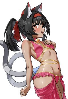 1girl absurdres alternate_costume animal_ear_fluff animal_ears arabian_clothes bell belly_chain bikini black_hair blush breasts cable cable_tail cat_ears cat_girl cat_tail choker commentary dark-skinned_female dark_skin english_commentary fang from_side gold_trim hair_ribbon hairband hand_on_own_chest harem_outfit highres jewelry jingle_bell loli long_hair looking_at_viewer mechanical_tail multiple_tails navel neck_bell nekomiya_mana open_mouth pink_bikini pink_choker ponytail red_eyes red_hairband red_ribbon revealing_clothes ribbon simple_background skin_fang small_breasts solo swimsuit tail twintails two_tails white_background zancrowkami zenless_zone_zero